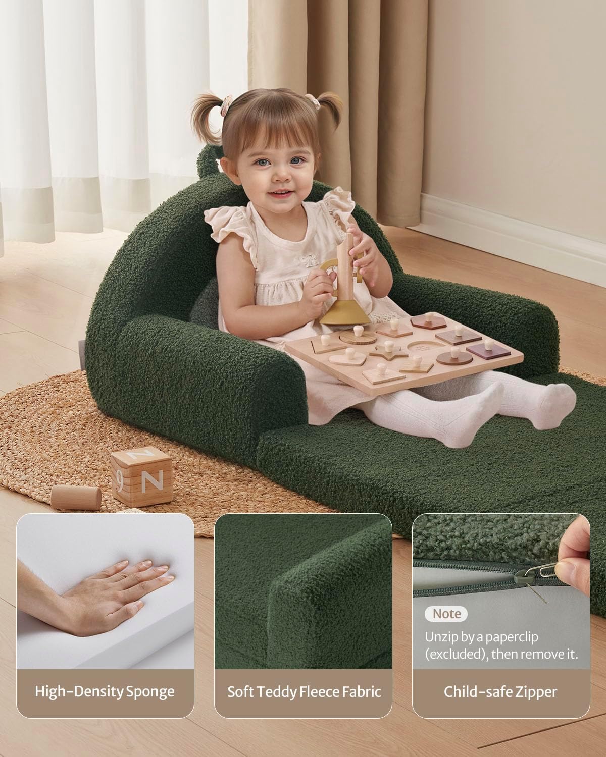 Blissful Diary Foldable Toddler Couch, 2-in-1 Comfy Toddler Chair & Lounger for Reading, Nap, Playroom, Kids Couch Sofa for 1 2 3+ Year Old Girls Boys Birthday Gift, Dark Green Arclet