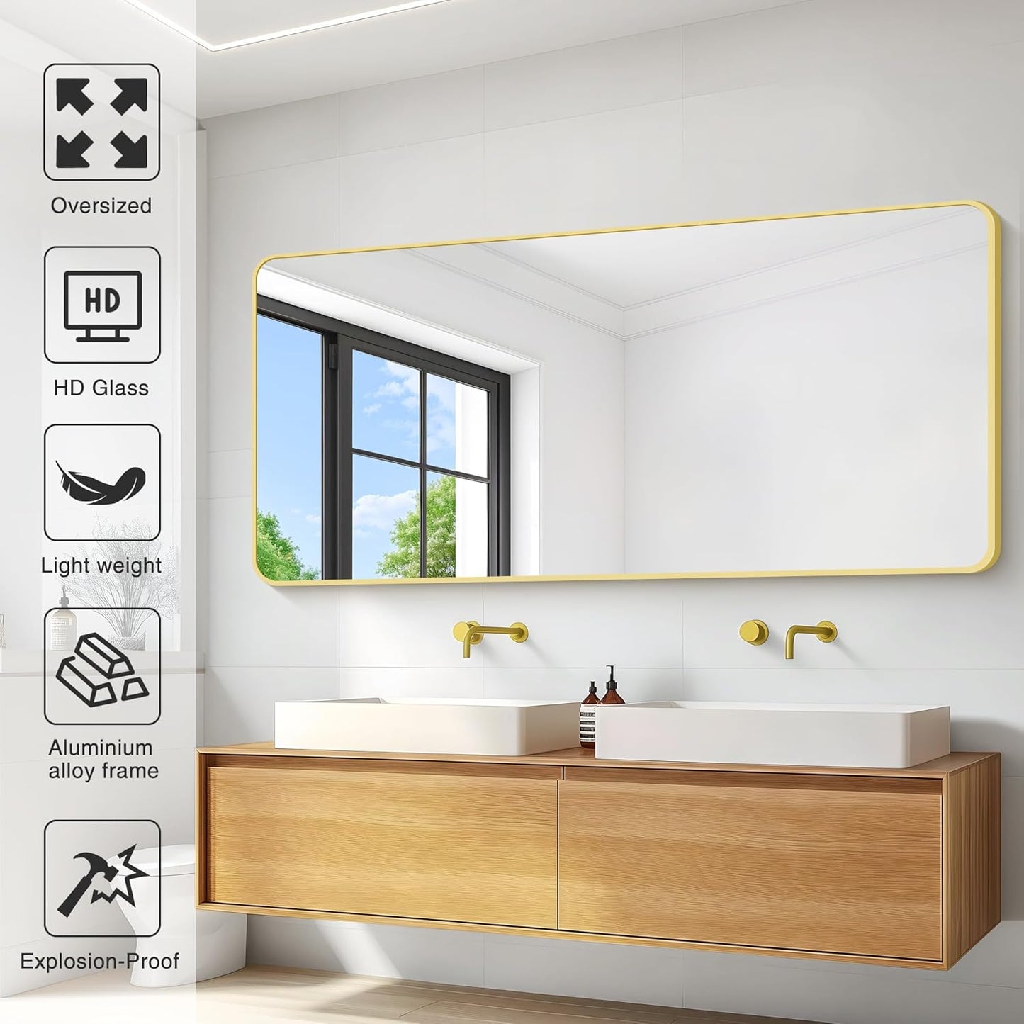 30"x60" Gold Bathroom Mirror, Large Rectangle Mirror, Rectangular Wall Mirror, Rounded Corner Vanity Mirror with Aluminum Metal Frame for Bathroom Bedroom Living Room