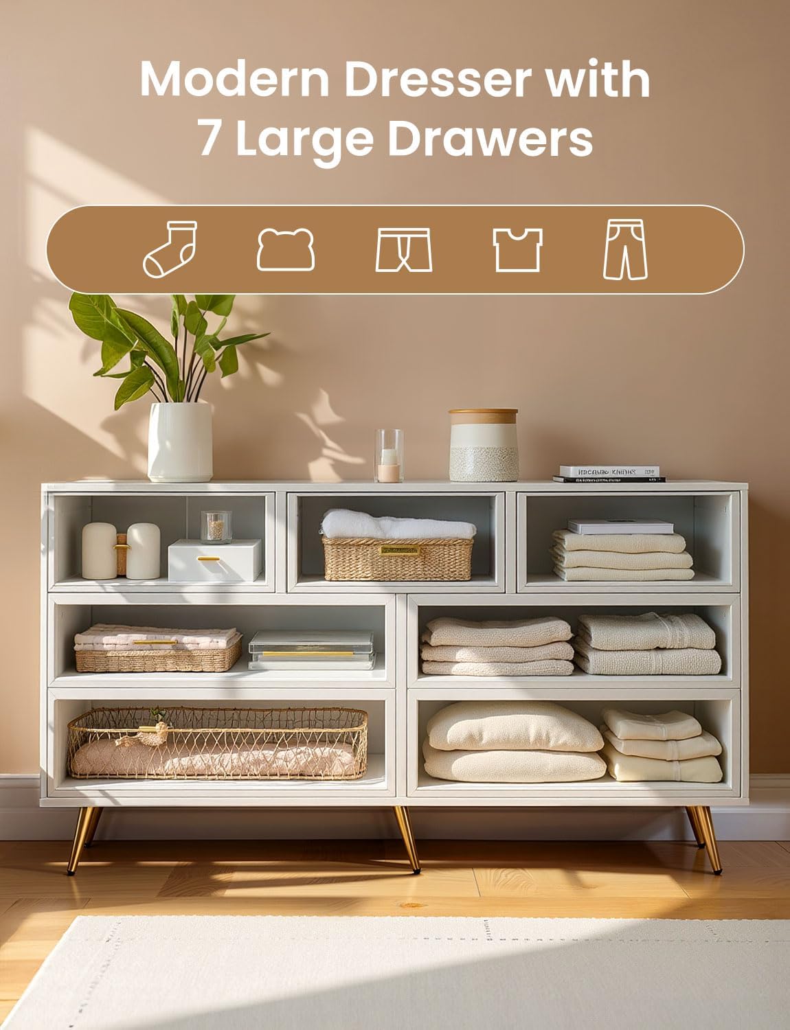 7 Drawer Dresser for Bedroom - White & Gold Chest of Drawers, High Gloss MDF Organizer Storage with Drawers with Golden Handles, Wide Storage Dresser for Bedroom