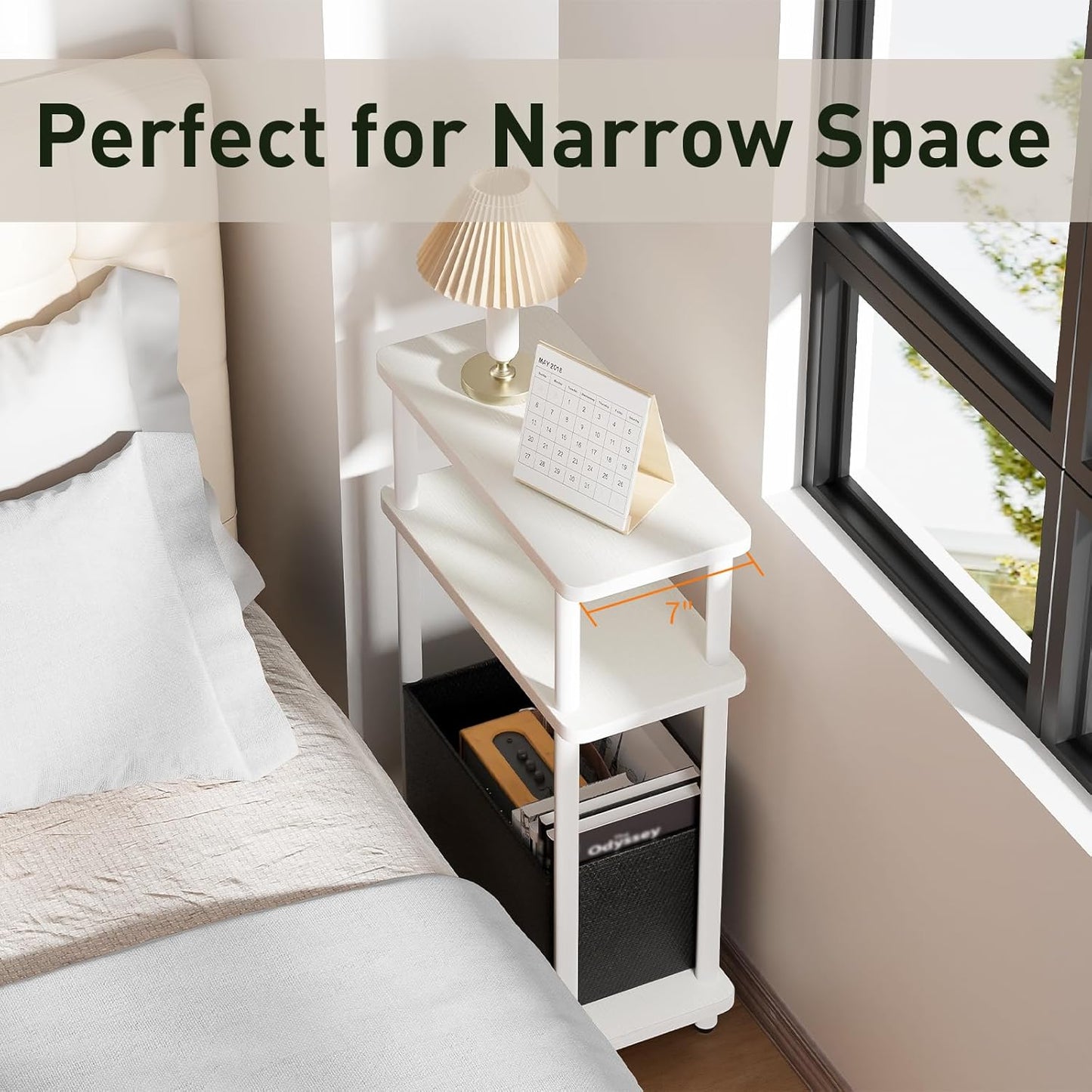 Narrow Side Table with Fabric Basket, 7" Wide, 3 Tier Skinny End Table with Wood Legs, Slim Nightstand/Bedside Table for Small Spaces, with Adjustable Feet, 15.7" L x 23" H, White