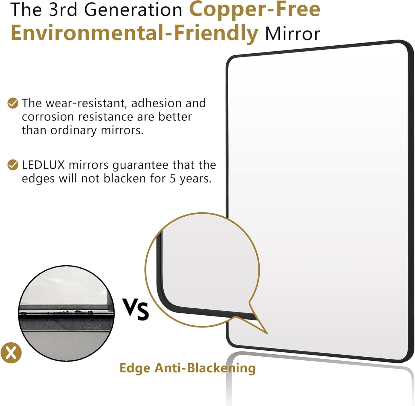 20"x36" Bathroom Wall Mirror with Matte Black Metal Frame & HD Glass, Copper-Free Mirrors Modern Rectangle Round Corner Framed Vanity Mirror - Horizontal or Vertical Installation