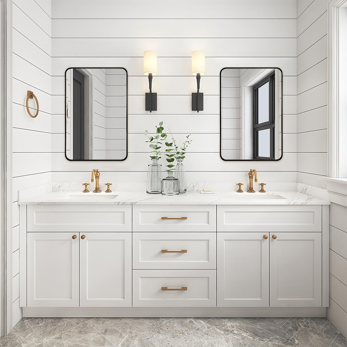 Wall Mount Mirror for Bathroom, Brushed Black Metal Framed Rounded Corner Rectangular Vanity Mirror (18" x 24", Black)