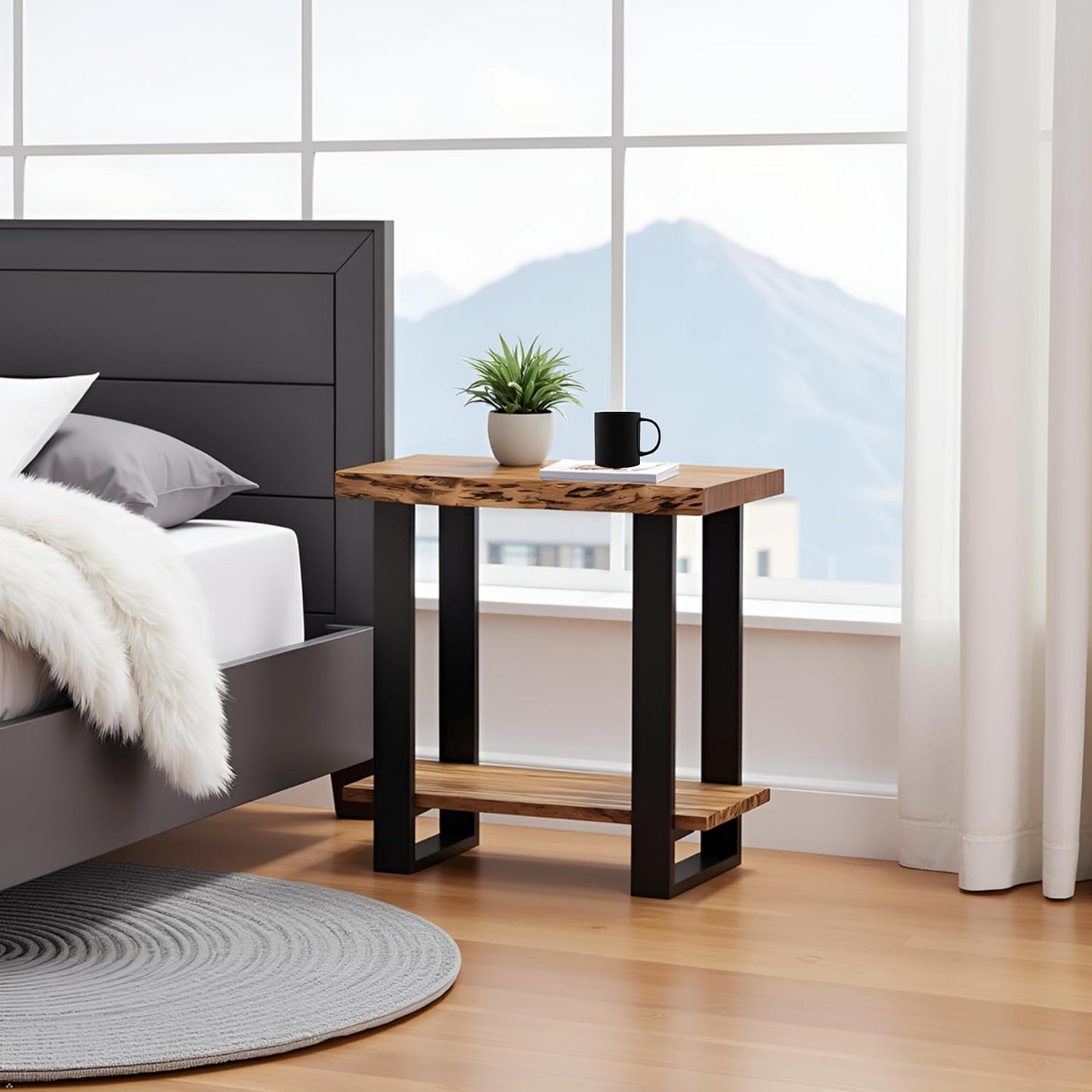 Alpine 2-Tier End Table with Live Edge Design – 27-Inch Solid Acacia Wood Industrial Side Table with Storage Shelf – Modern Nightstand or Accent Table for Living Room by Alaterre Furniture