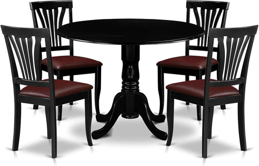 East West Furniture DLAV5-BLK-LC 5 Piece Modern Dining Table Set Includes a Round Wooden Table with Dropleaf and 4 Faux Leather Upholstered Dining Chairs, 42x42 Inch, Black
