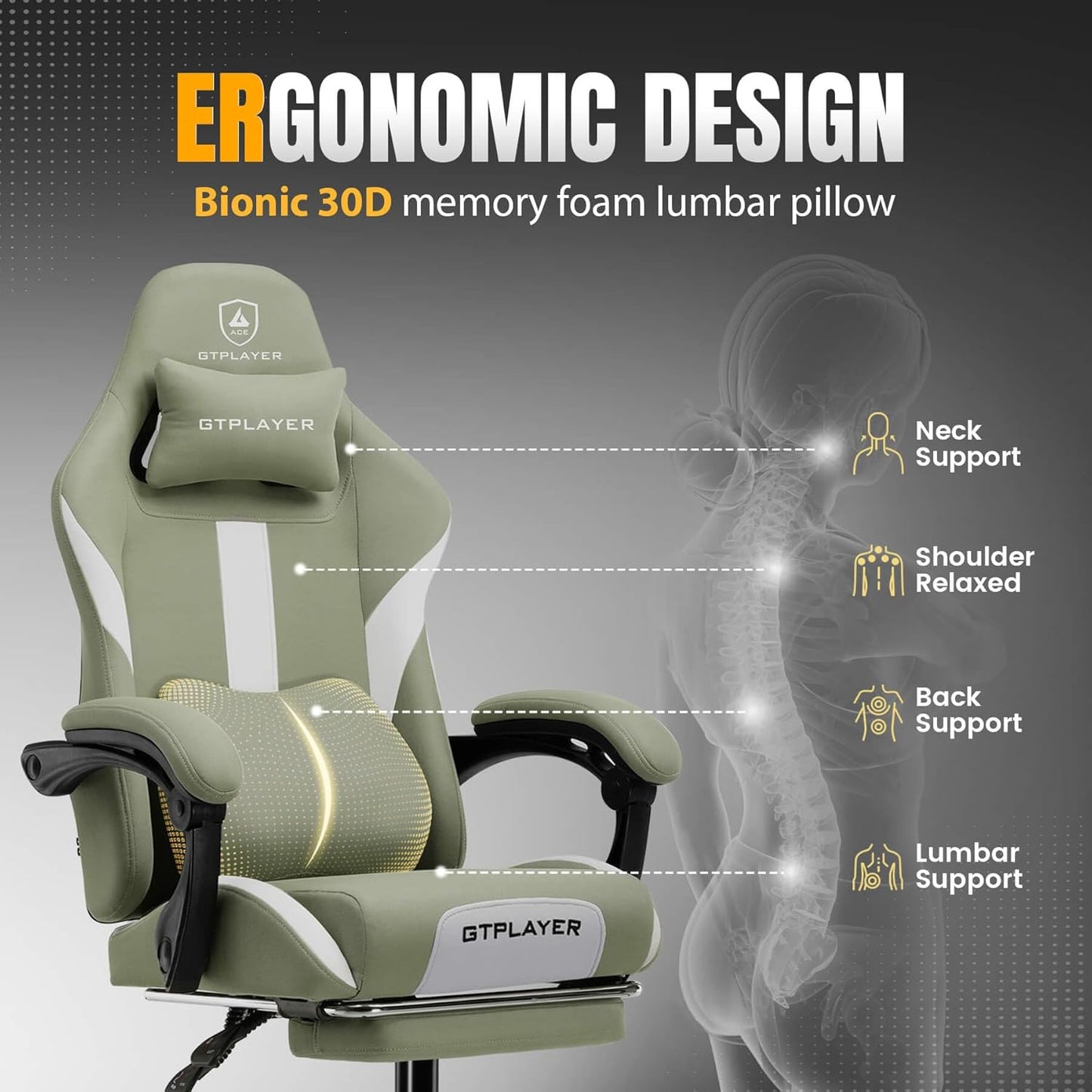 GTRACING Gaming Chair with Foot Rest & Pocket Spring Cushion, Breathable Fabric for Home Office Desk, Ergonomic High Back Computer Chair with Headrest & Lumbar Support, Green