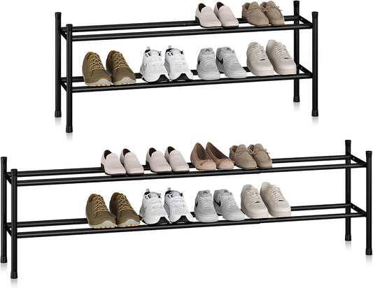 STORAGE MANIAC Long Expandable Shoe Rack, 12 Pairs Metal Wide Stackable Shoe Rack, Adjustable Shoes Shelf, Freestanding Shoes Organizer for Closet, Entryway, Hallway, Garage, Front Door, 2 Tiers