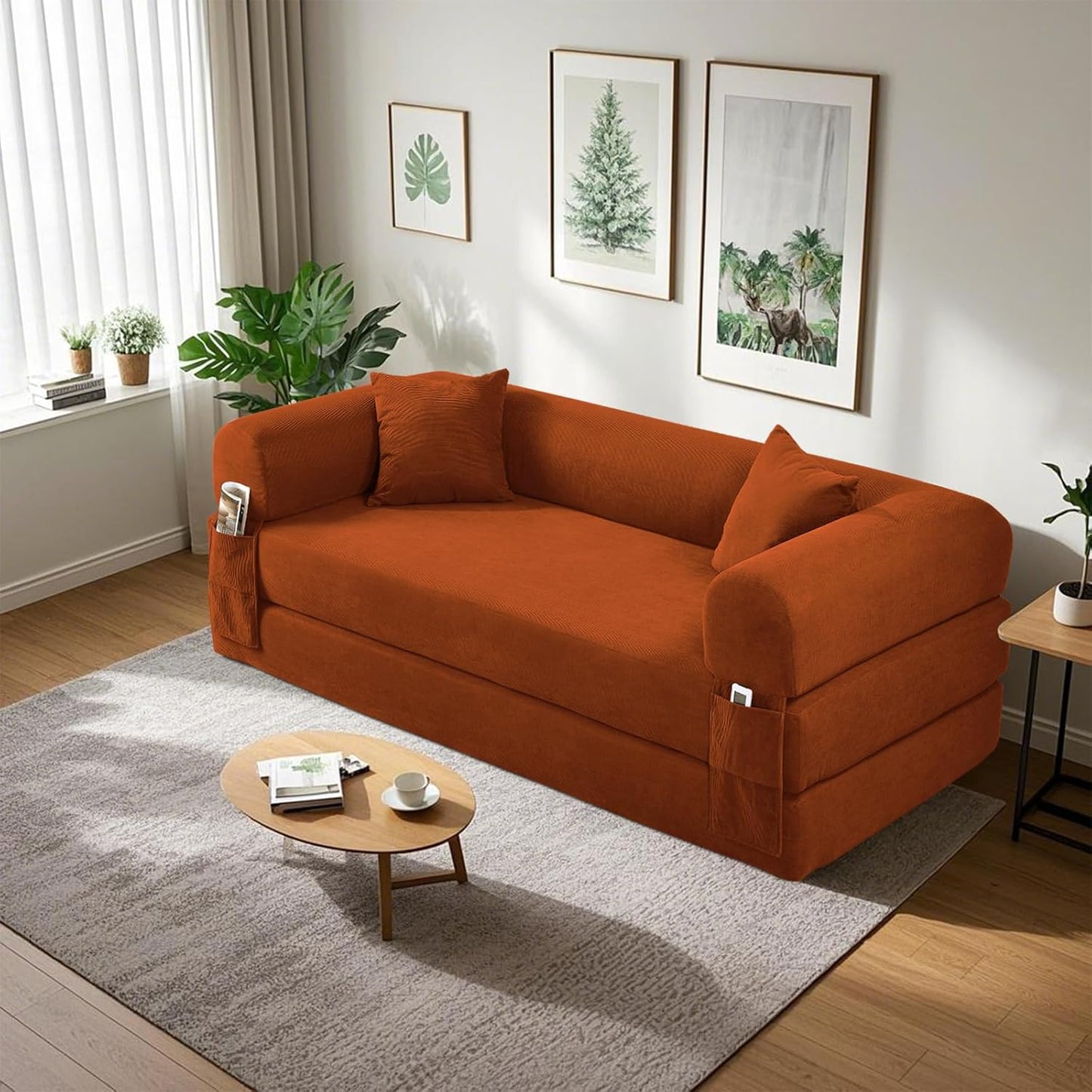 80" Convertible Sofa Bed, Corduroy Deep Seat Folding Pull Out Couch with Pillows, No Assembly Modern Boneless Couch Compression Sofa in Box, Floor Sofa with Storage Pocket for Living Room, Orange
