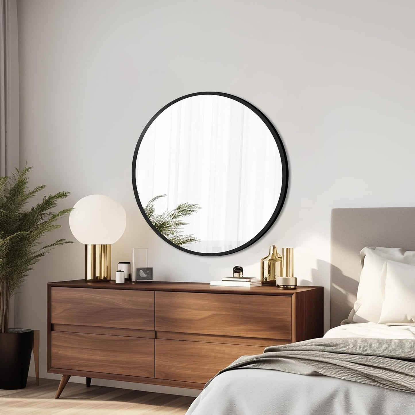 Round Mirror Black Frame 28 Inch Mirror Living Room Round Bathroom Mirrors Frosted Metal Frame Anti-Rust Tempered Glass for Bathroom Living Room Decorative