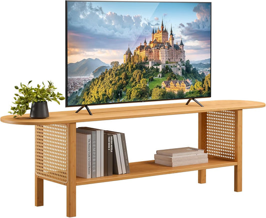 HollyHOME Bamboo TV Stand with Storage for TVs up to 65", Modern Entertainment Center with Rattan Side, Accent TV Table with 2 Shelf, Media Console TV Stand for Living Room, Bedroom, Burlywood