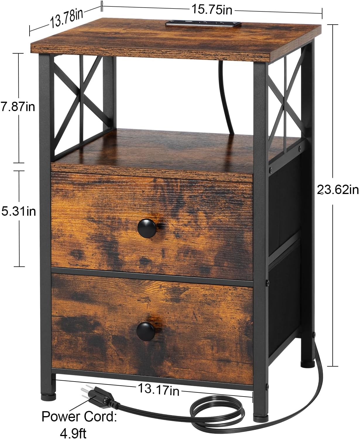 AMHANCIBLE Night Stand Set 2, Nightstand with Charging Station, End Tables Living Room with USB Ports and Outlets, Bedside Tables with Fabric Drawers for Bedroom, Rustic Brown HET05XBR