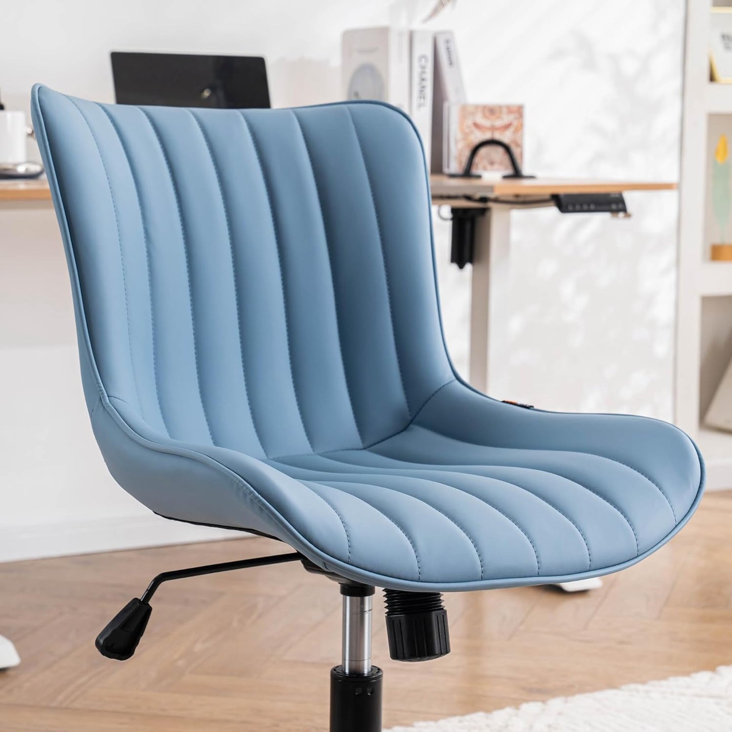 YOUNIKE Blue Home Office Desk Chair with Wheels Compact Comfy Armless Vanity Chair with Back Modern Small Leather Upholstered Rolling Task Chair Cute Computer Drafting Sewing Chair Swivel Adjustable