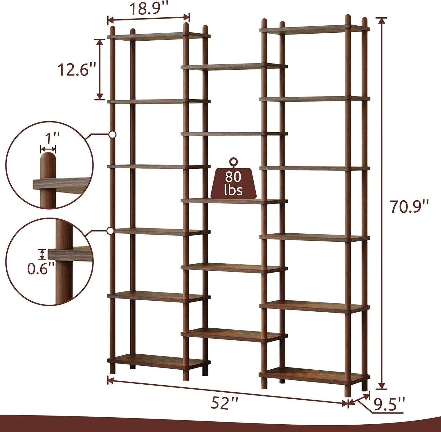 IOTXY Wooden Triple Wide Bookshelf - 6-Tier Large Shelf Bookcase with Solid Beech Frame, Tall Freestanding Open Etagere Display Rack for Home Office, Walnut