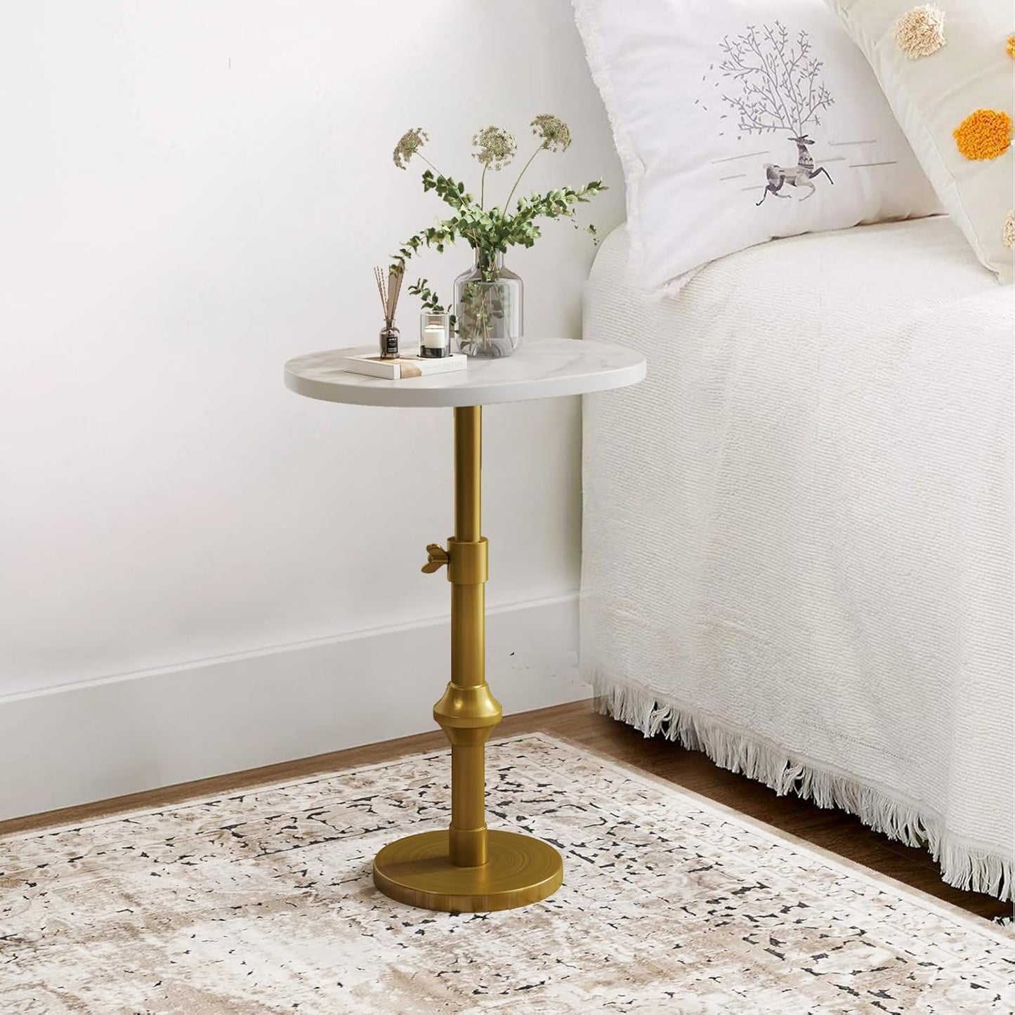 Marble Drink Table, 10"x12"x(22“~30") Martini Table with Metal Antique Brass Adjustable Stand Base, Drink Tables for Small Spaces, Living Room, Bedroom, Or Office (White)