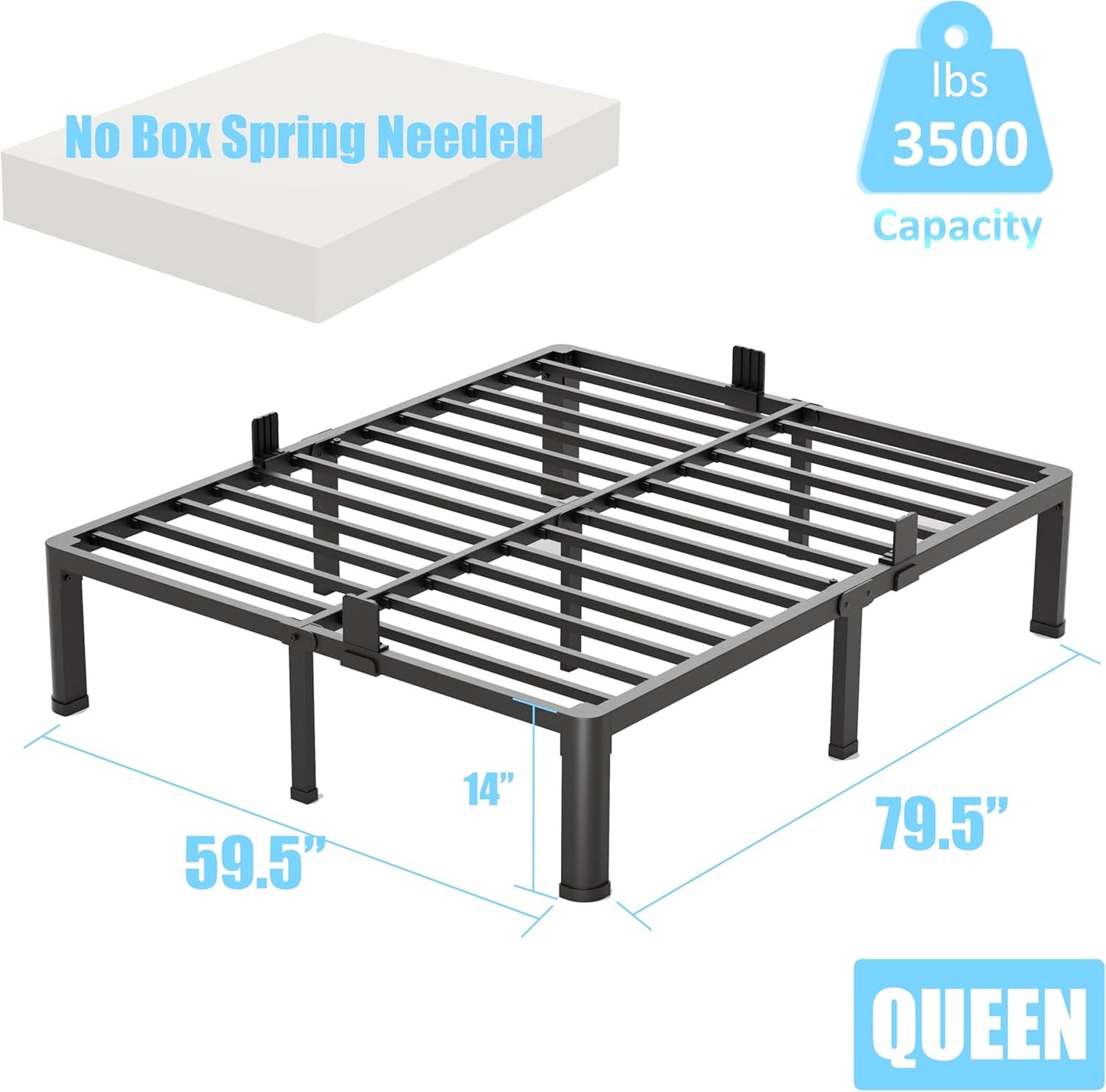 FUIOBYVV Queen Bed Frame with Round Corner Edge Legs, 14 Inch High 3500 lbs Heavy Duty Metal Platform Bed Frame Queen Size, No Box Spring Needed/Non-Slip/Steel Slat Support/Noise Free