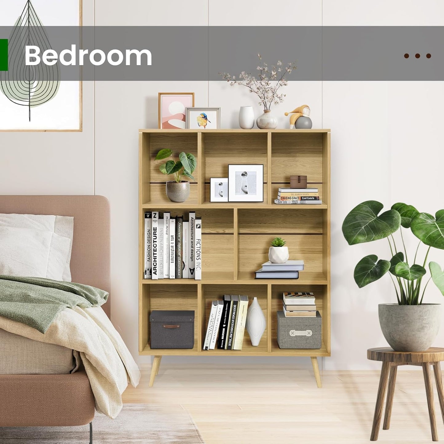 Bookshelf, 3-Tier 8 Cube Open Wooden Book Shelf with Legs, Floor Standing Office Bookcase, Wooden Bookcase for Office Furniture, Cubby Storage Organizer for Living Room/Bedroom