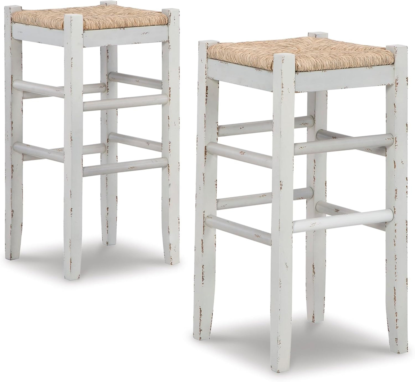 Signature Design by Ashley Mirimyn Farmhouse 29.5" Bar Height Bar Stool with Woven Wicker Seats, 2 Count, White & Light Brown