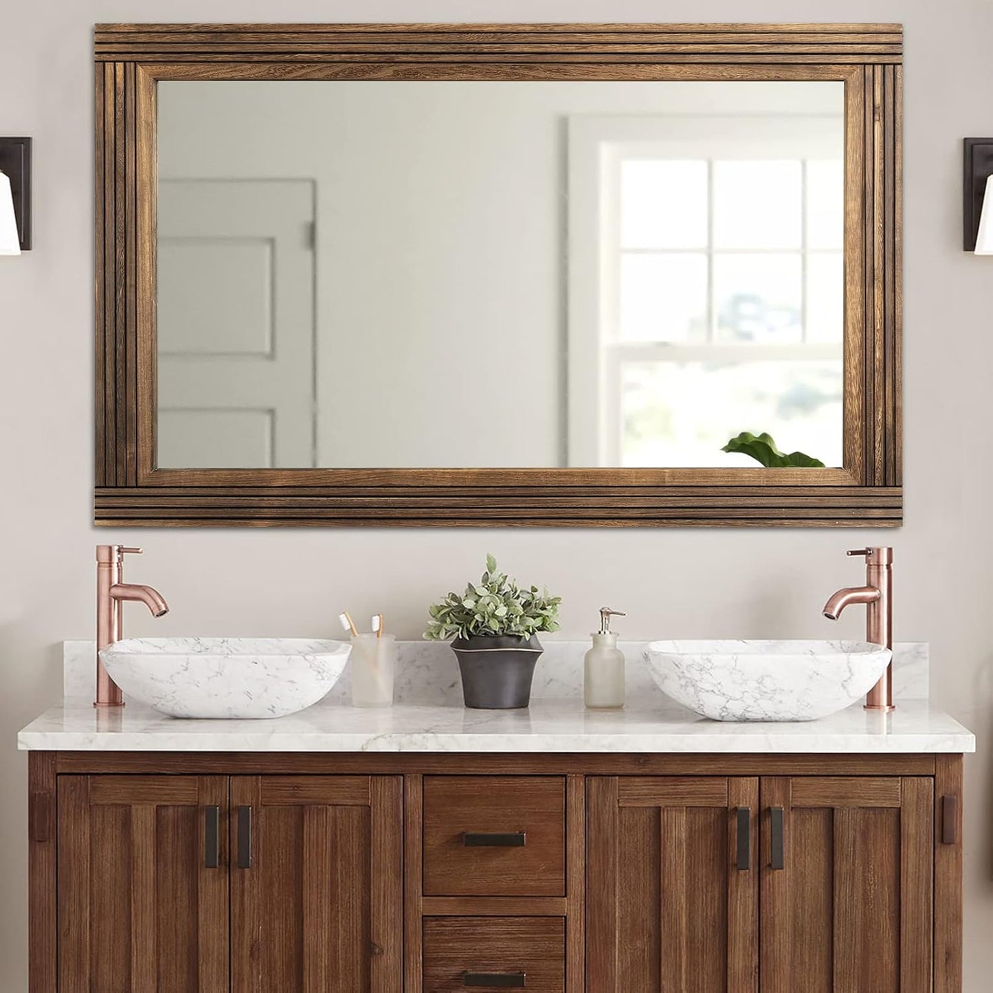 YOSHOOT Hand-Made Wooden Spliced Wall Mirror for Bathroom, Rustic Farmhouse Vanity Mirror, Décor Wall Art, Solid Wood Frame, Vertical or Horizontal Hanging, 72" x 36", Brown