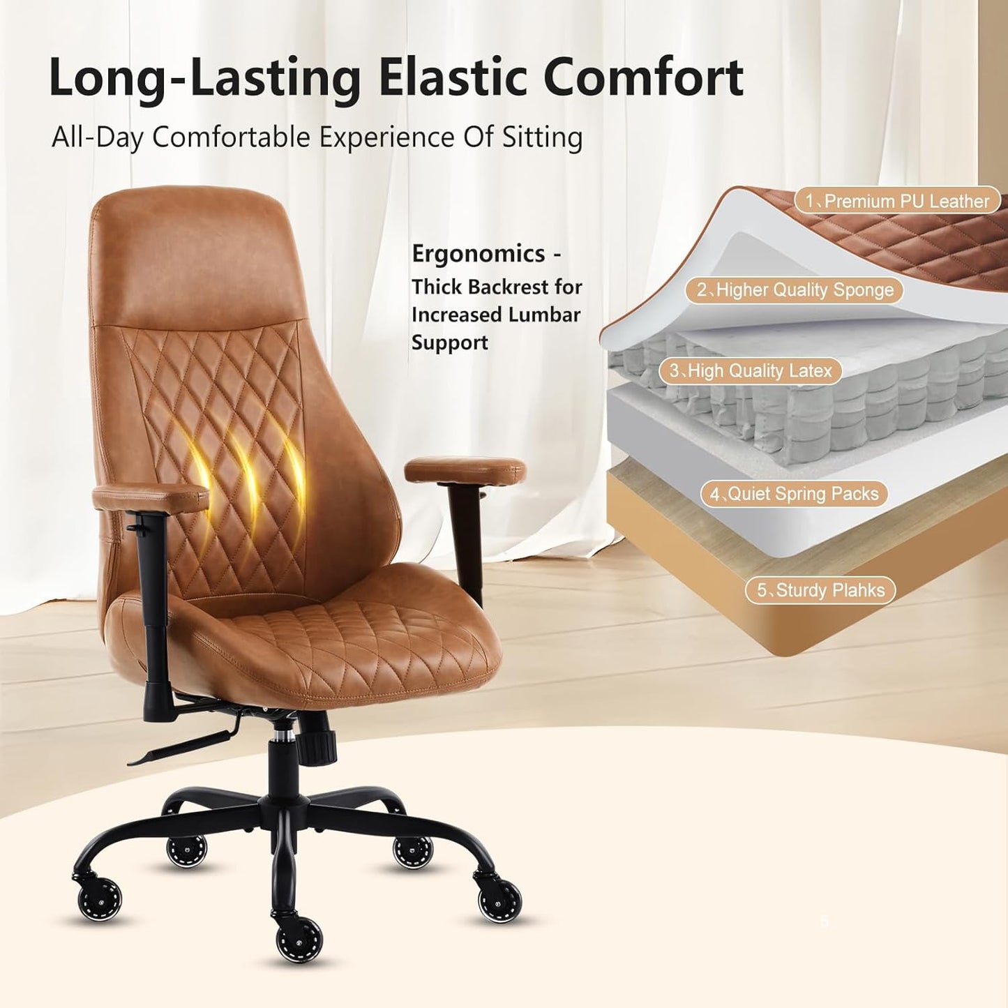 YFO Home Office Desk Chair High Back Office Rubber Casters Ergonomic Computer Chair with Lumbar Support Adjustable Height Rolling Swivel Chair Executive Task Armrests， Brown Leather