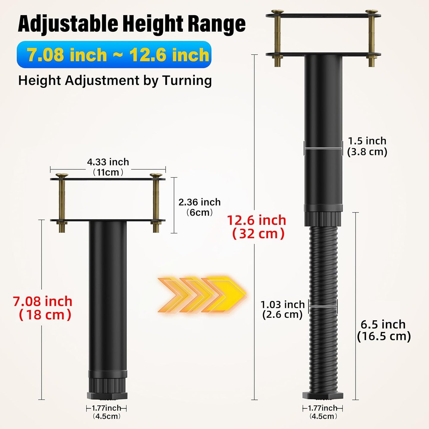 4 Pcs Adjustable Height Bed Support Legs 7.08-12.6 inch with Locking Ring, Bed Frame Center Support Legs for Bed Frame/Bed Center Slat/Furniture, Bed Replacement Legs Bed Slats Support Legs