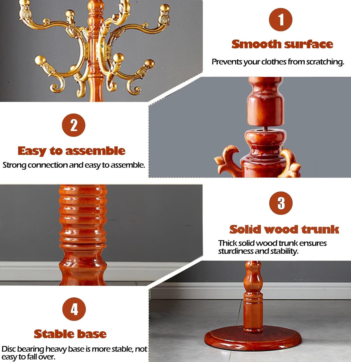 Coat Racks Free Standing with 14 Hooks, Natural Wood Coat Stands for Entryway, Adjustable Height 73 in Tree Coat Rack Stand for Hallway Home Office Bedroom (Begonia)