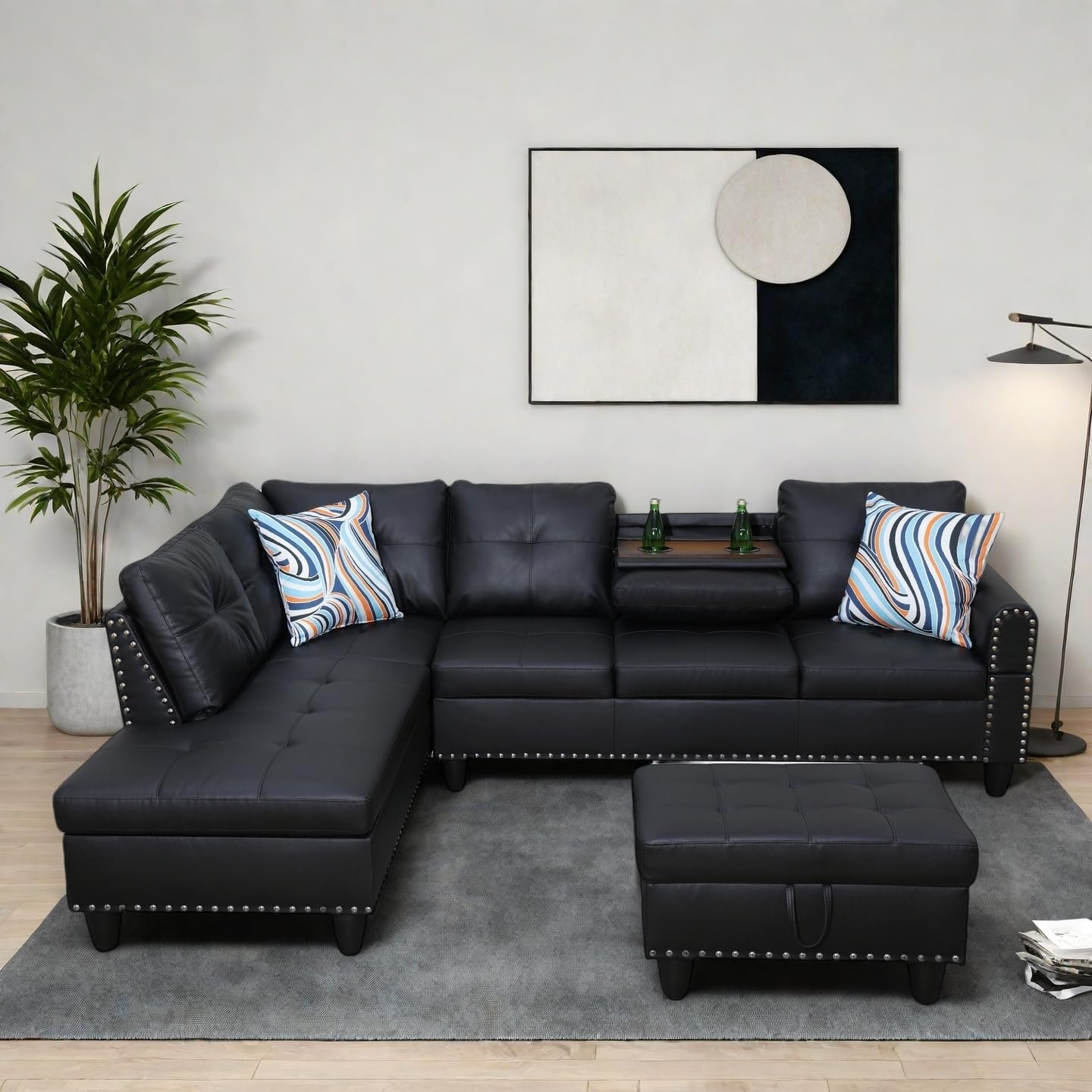 Modern Living Room Furniture Sets with Cup Holder, Modular Sectional Couches with Chaise Lounge, 4-Seaters L Shape Sofa with Storage Ottoman, for Living Room, Faux Leather, Black