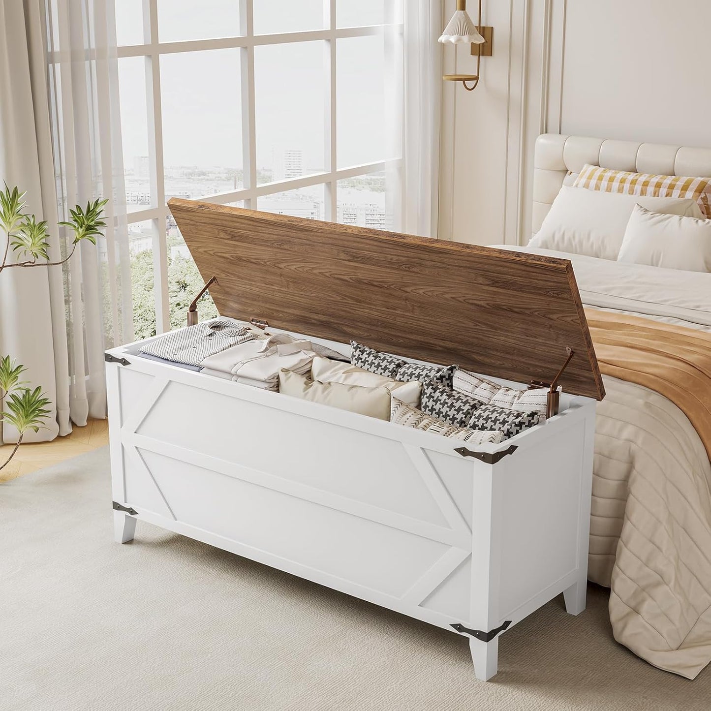 HOOBRO 47.2" Toy Box, Storage Chest with Safety Hinges, Toy Chest Storage, Wooden Storage Bench for Bedroom, Living Room, White and Walnut WH16CW01