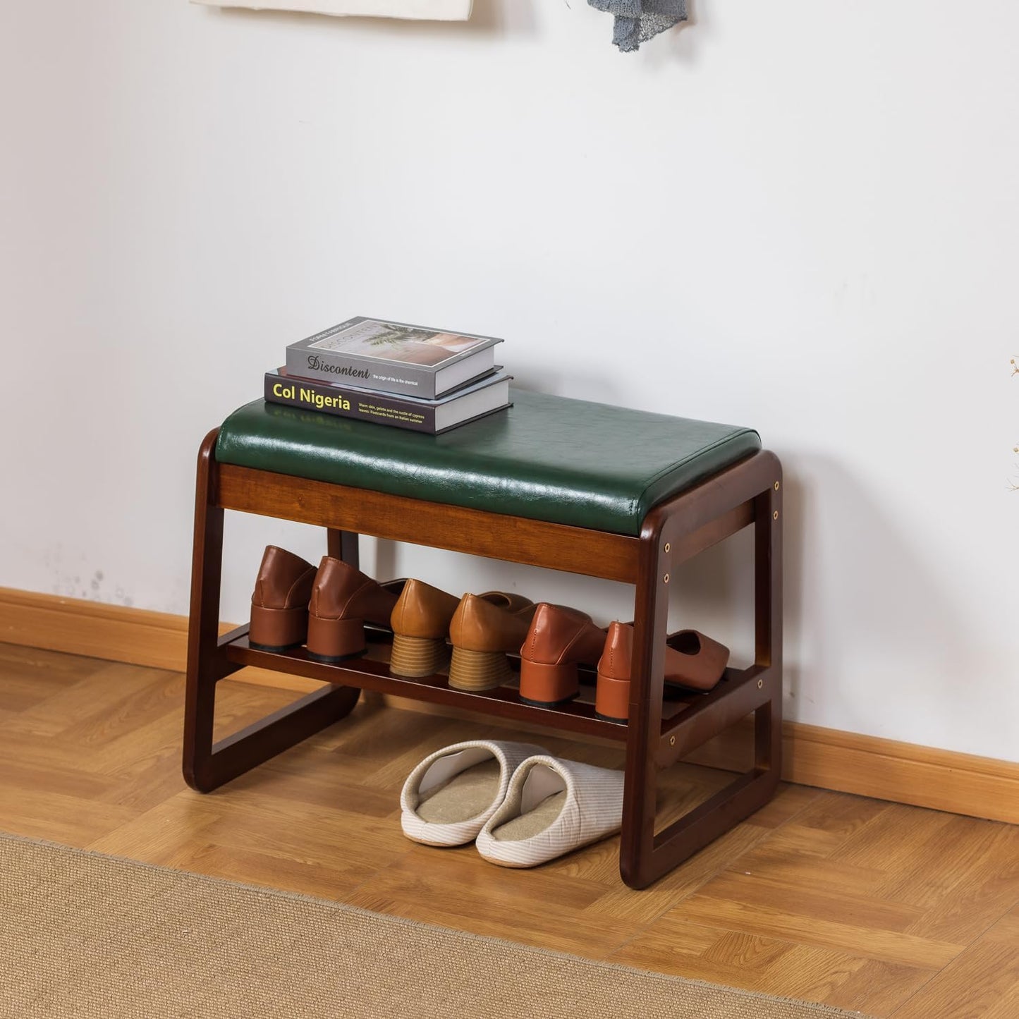 Solid Wood Shoe Bench, 2-Tier Entryway Bench with Cushion and Flip-Open Storage Box, Mid-Century Modern Shoe Bench Rack for Hallway, Mudroom(Green, 21.65'')