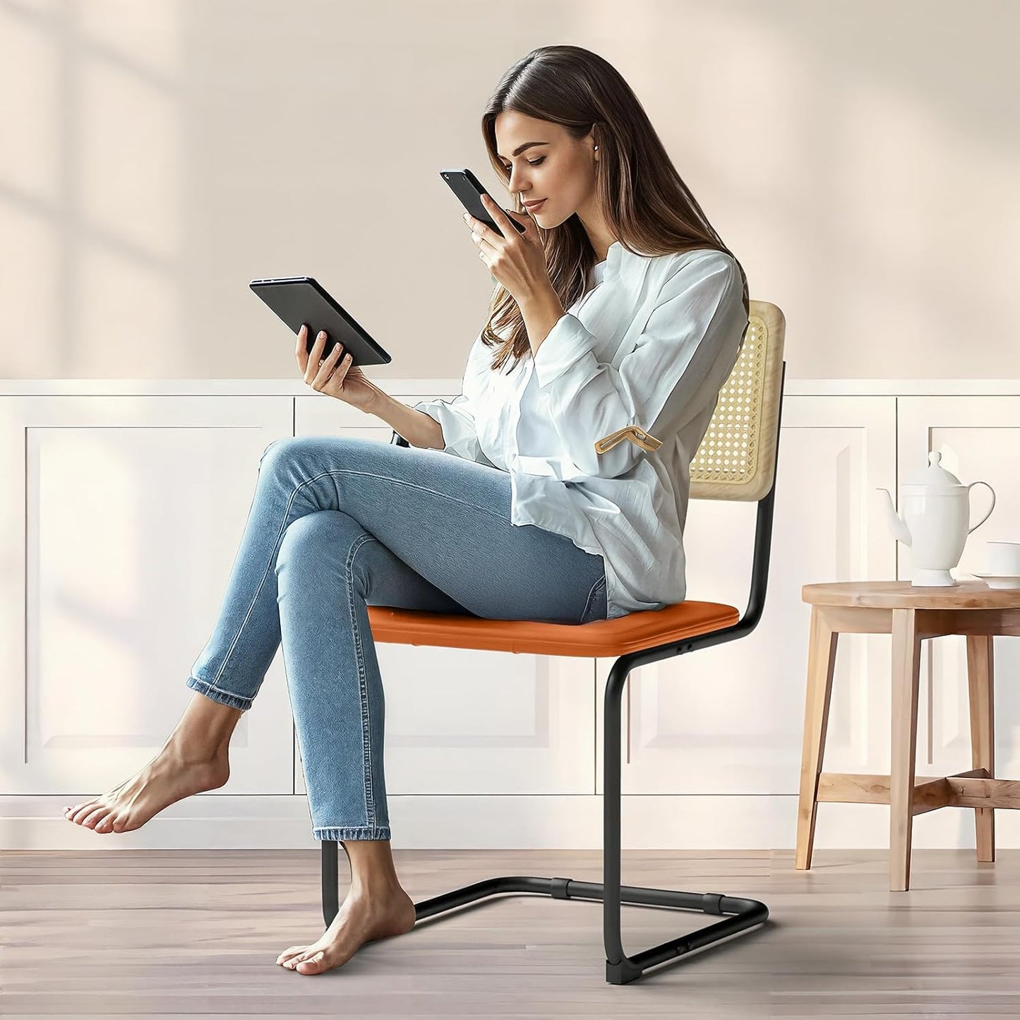 400lbs - Heavy Duty Rattan Dining Chair, Armrest Leather Cushions and Metal Frames, High-end and Durable with Rattan Weaving, Suitable for Home and Restaurant, Brown