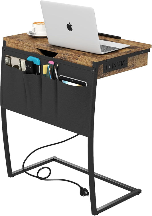 Hadulcet TV Tray Tables, Laptop Stand for Couch, C Shaped End Table with Charging Station, Couch Tables That Slide Under, Bed Desk for Eating, Couch Desk for Laptop, Rustic Brown