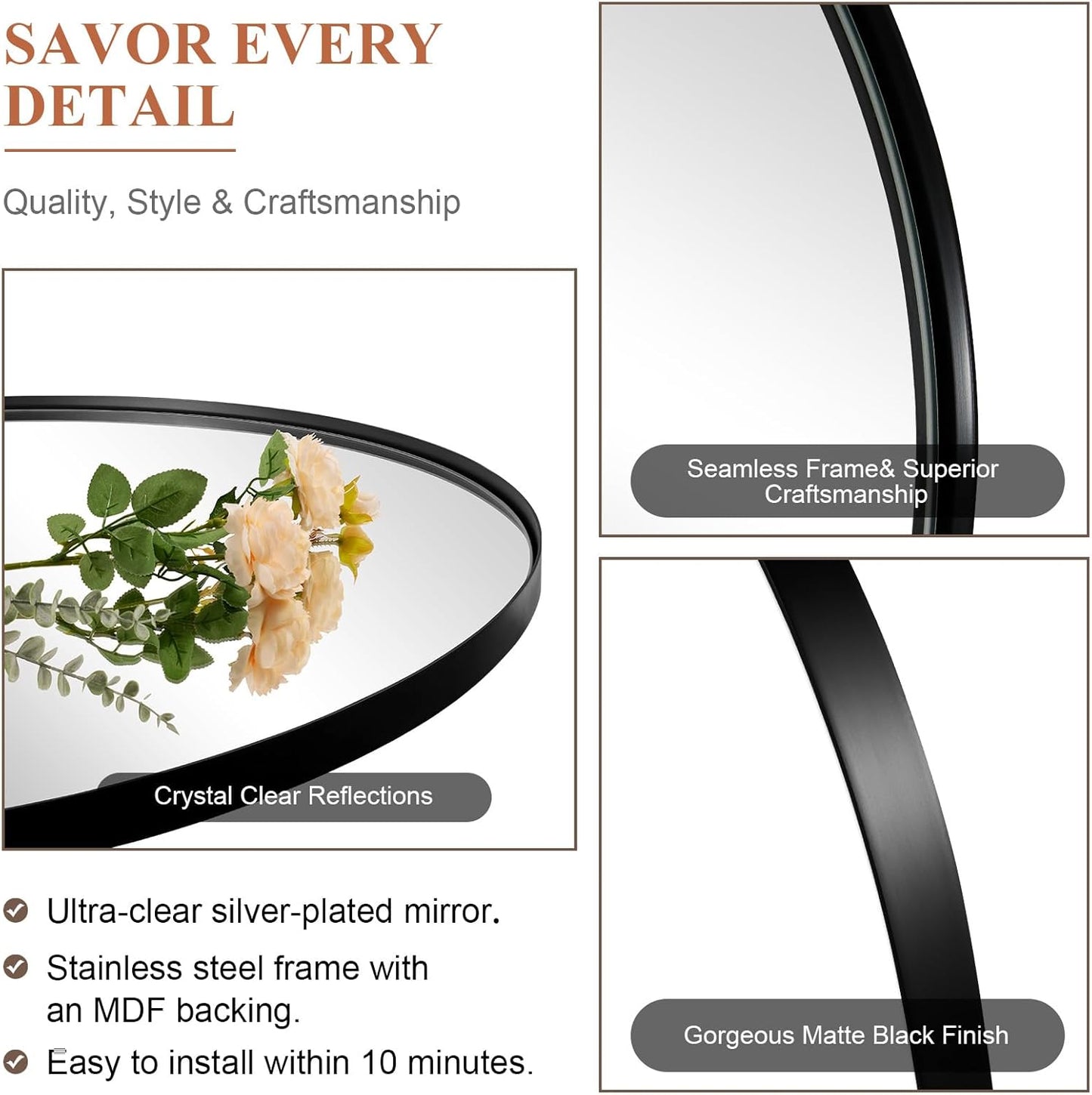 ANDY STAR Black Oval Mirror, 24x32'' Matte Black Metal Framed Oval Wall Mirror, Modern Black Vanity Mirror in Stainless Steel Frame, Wall Mount Horizontal or Vertical