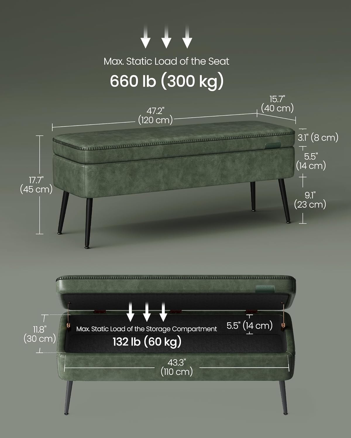 VASAGLE EKHO Collection - Storage Ottoman Bench, Entryway Bedroom Bench, 15 Gallons, Synthetic Leather with Stitching, Mid-Century Modern, Safety Hinges, Loads 660 lb, Forest Green ULOM074C01
