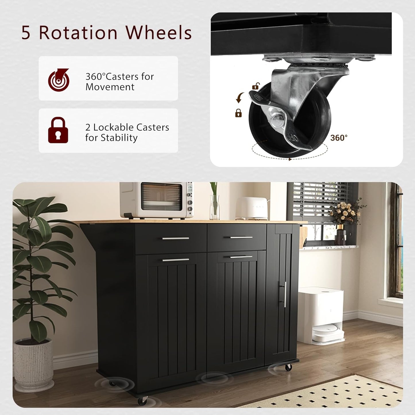 46" Kitchen Island with Drop Leaf,Dining Storage Cart W/ 3 Tier Pull Out Cabinet Organizer & Internal Storage Rack,Rolling Cart on Wheels W/Towel Rack & 2 Drawers,for Kitchen,Black