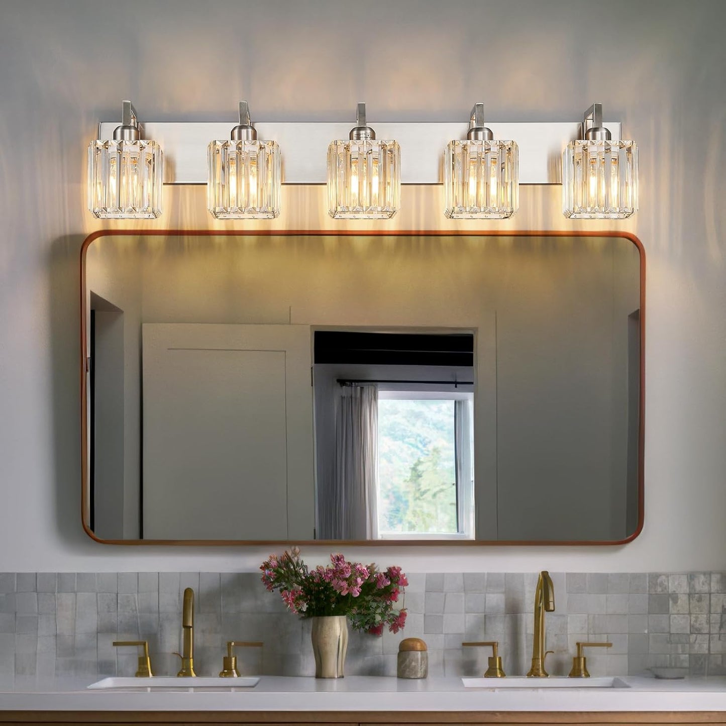 Modern Bathroom Vanity Light 5-Lights Brushed Nickel Vanity Light Crystal Wall Light Bathroom Light Fixtures