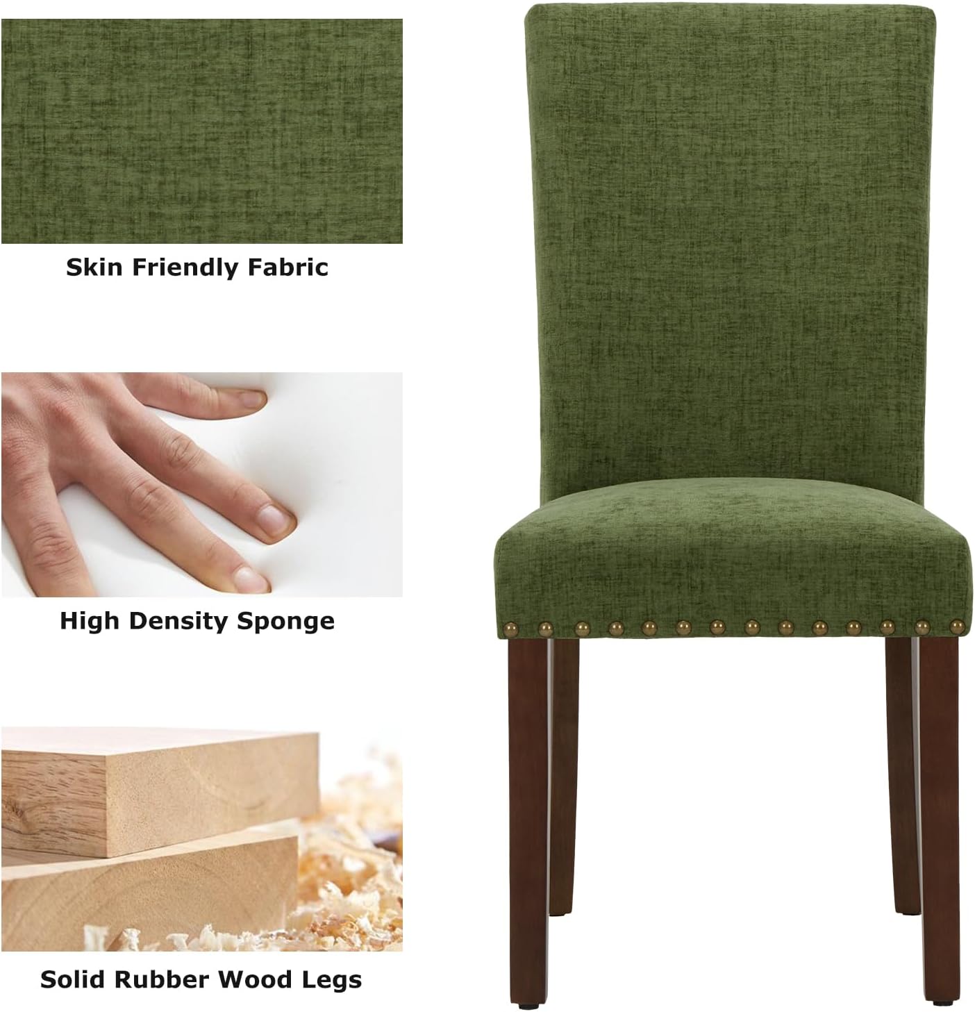 COLAMY Upholstered Parsons Dining Chairs Set of 4, Fabric Dining Room Kitchen Side Chair with Nailhead Trim and Wood Legs - Green