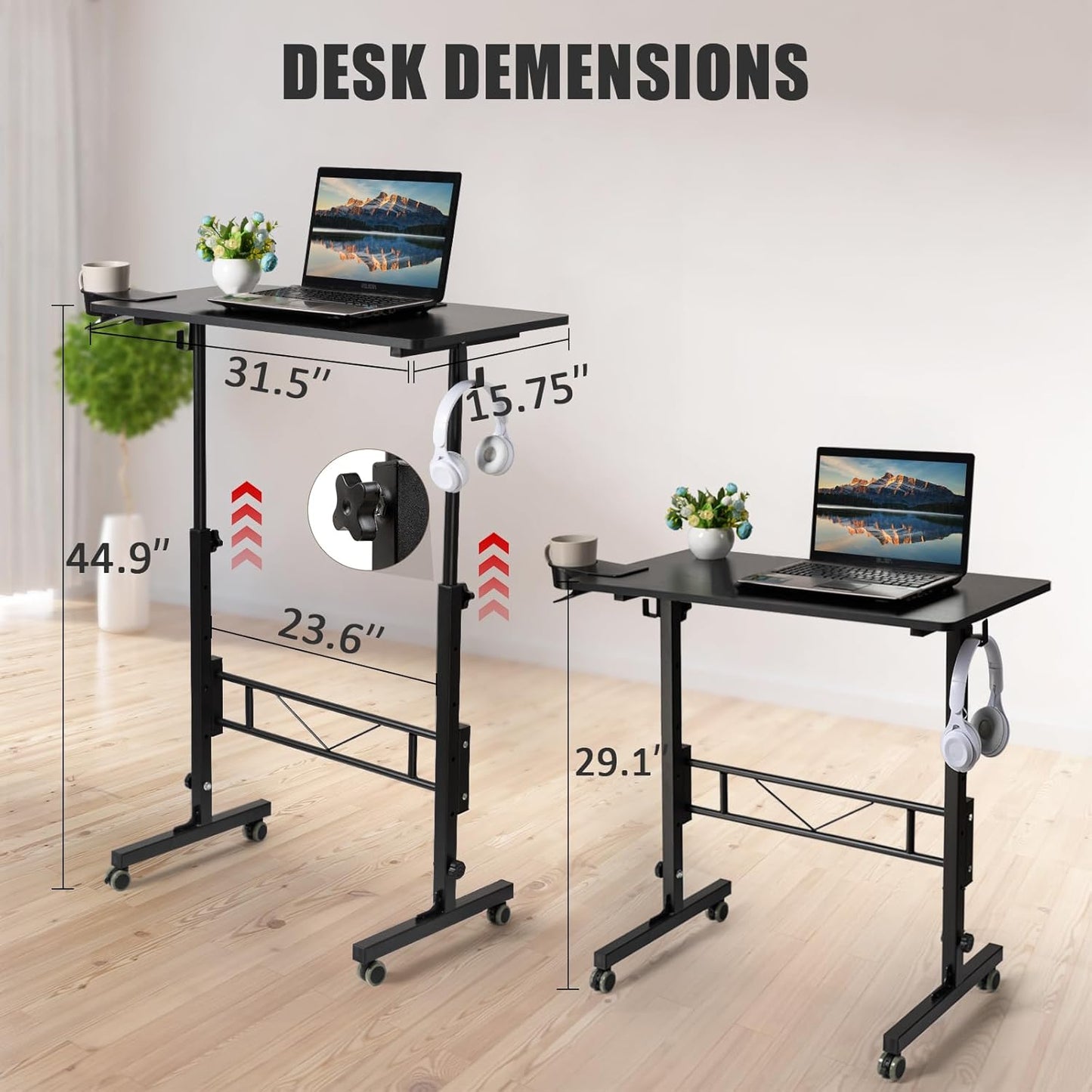 SIDUCAL Standing Desk Adjustable Height, Small Mobile Table with Wheels, Rolling Desk for Standing or Sitting, Portable Computer Desk for Walking Pad, Black