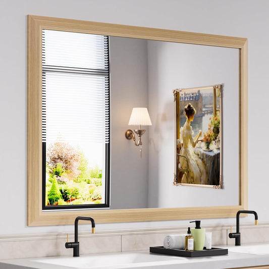 Amorho Bathroom Mirror, 50 X36 Inch Wall Mirror, Oak Wood Grain Metal Framed, Anti-Rust, Hang Horizontally/Vertically, Suitable for Bedroom, Farmhouse, Bathroom, Decorative