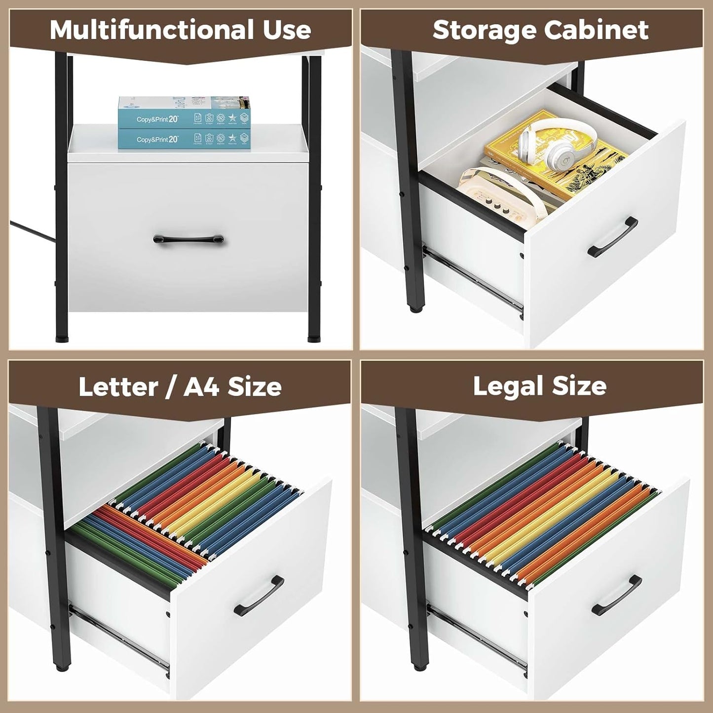 Rolanstar Computer Desk with File Drawer, 64" L Shaped Desk with Power Outlet & LED Strip, L Shaped Computer Corner Desk with File Cabinet, Gaming Desk with Monitor Shelf, Home Office Desk, White