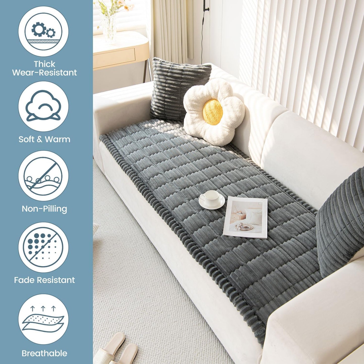 OTOB Dog Couch Covers for 3 Cushion Washable Non Slip Plush Pet Friendly Bed Mat Sofa Cover for Dogs, All Seasons Cozy Soft Fuzzy Furniture Protector Sofa Slipcovers (Dark Gray, 27.6" x 59.1")