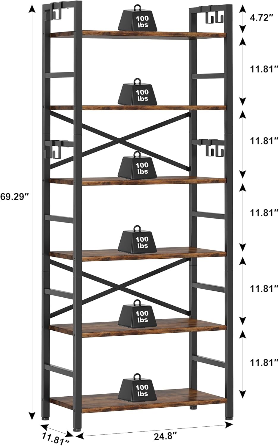 6 Tier Bookshelf, Industrial Bookcase with 8 Hooks, Vintage Storage Rack with Open Shelves, Rustic Standing Bookshelves Metal Frame Display Rack for Living Room, Bedroom, Rustic Brown