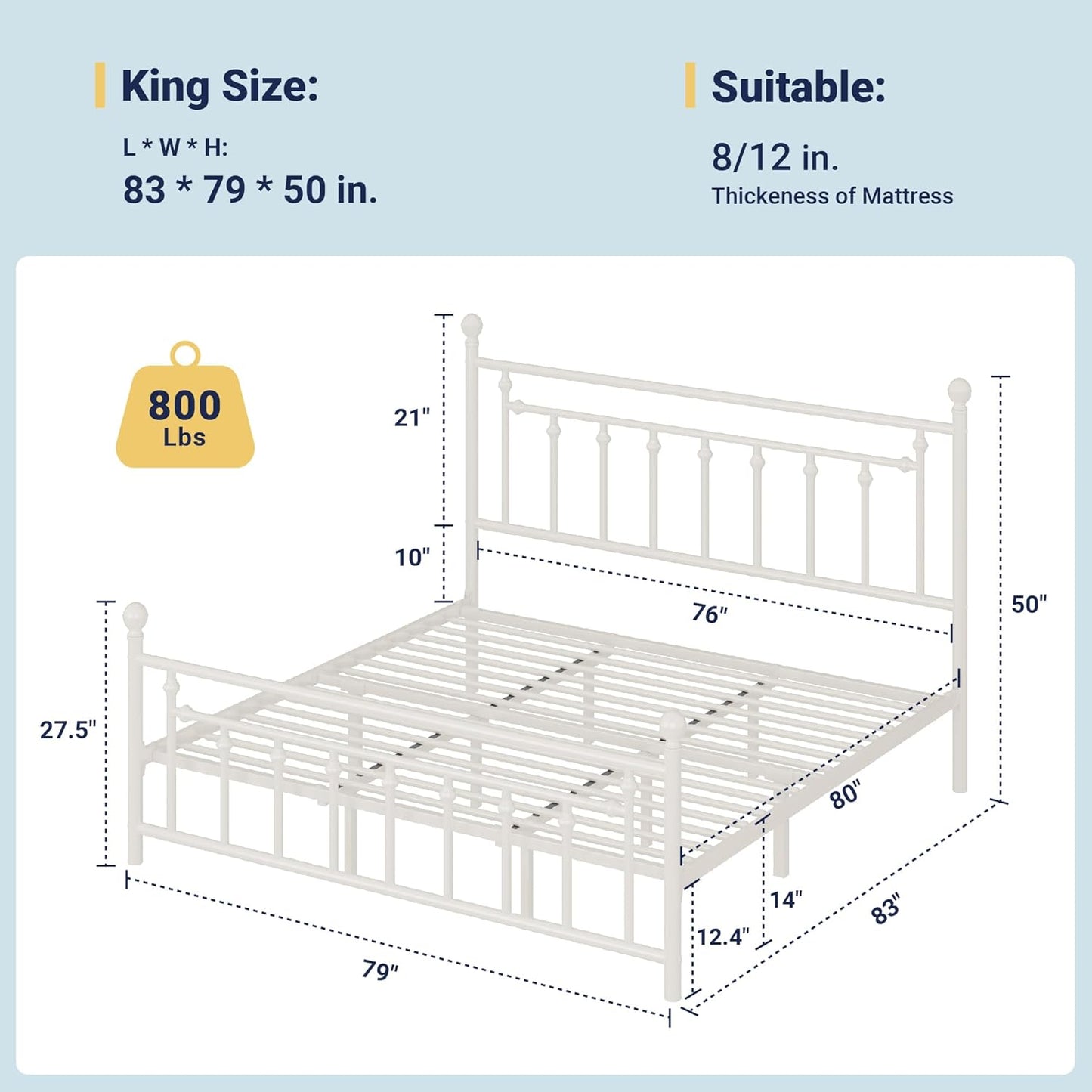 Allewie 14 Inch King Size Metal Platform Bed Frame with Victorian Vintage Headboard and Footboard/Mattress Foundation/Under Bed Storage/No Box Spring Needed/Easy Assembly/Noise Free/White