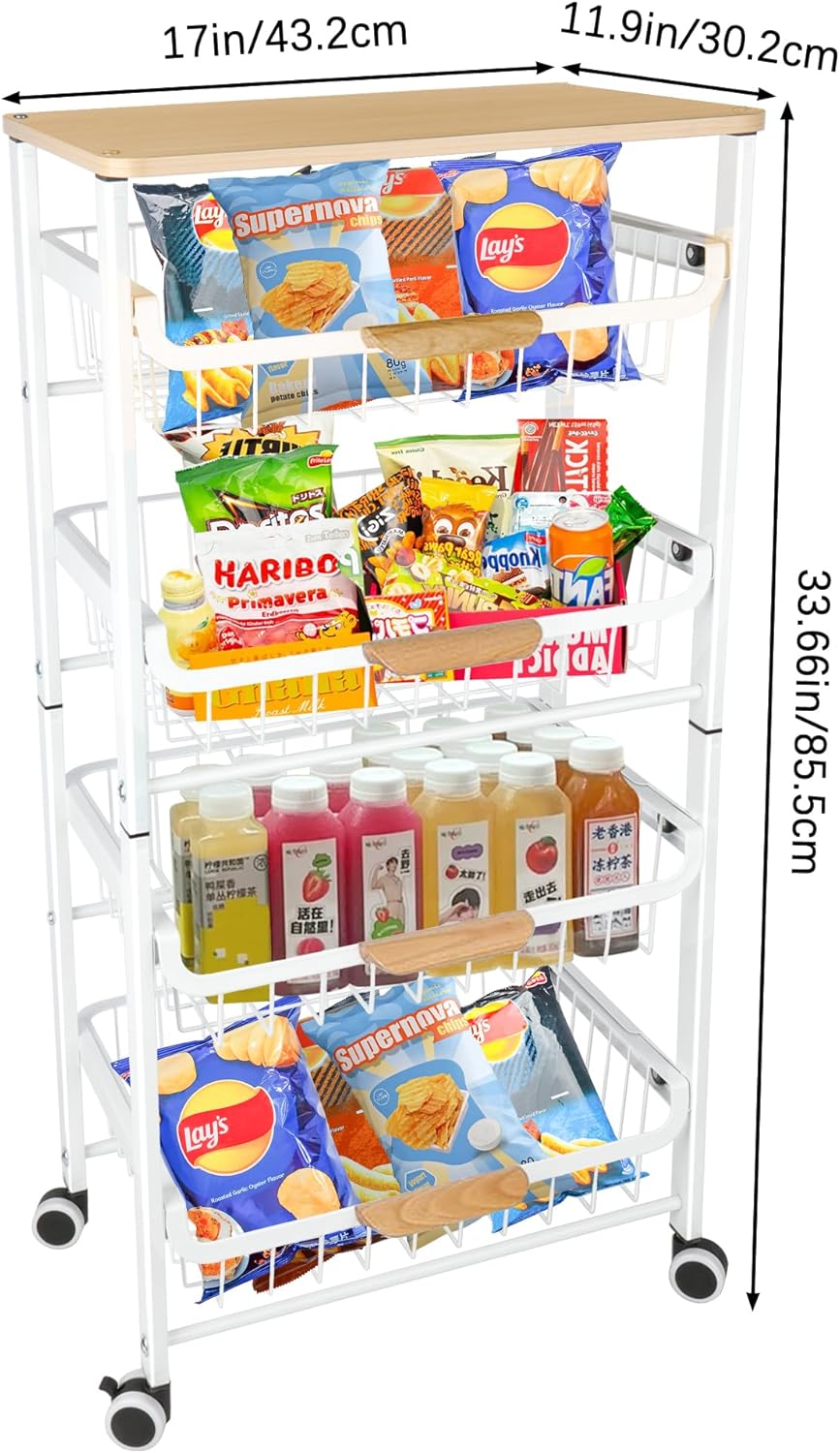5-Tier Pull-Out Kitchen Storage Cart on Wheels, Fruit Basket, Bedroom Kitchen Organizer, White, 17x11.9x33.66 inches
