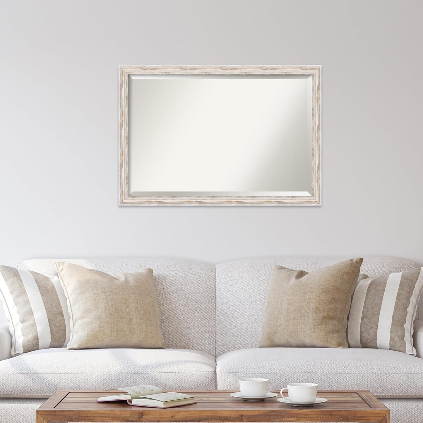 Amanti Art White Bathroom Mirror for Over Sink, 27x39 Alexandria White Wash Narrow Rectangle Vanity Mirror, Large Cottage Wood Frame, Hangs Horizonally and Vertically, Bathroom Wall Decor, Beveled