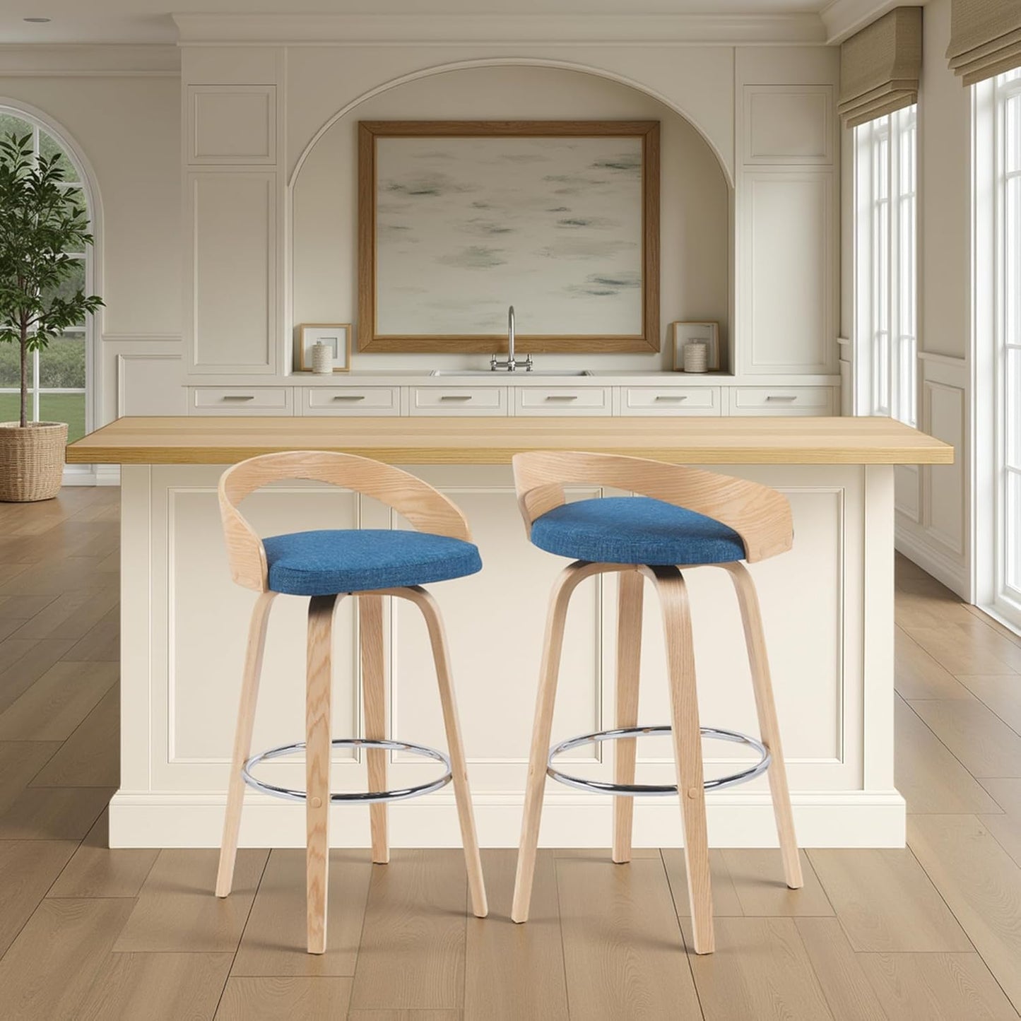 Sonia Modern Swivel Bar Height Stool with Blue Upholstered Seat and Patterned Oak Wood Finish Set of 4