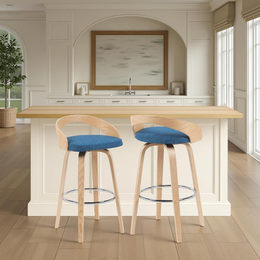 Sonia Modern Swivel Bar Height Stool with Blue Upholstered Seat and Patterned Oak Wood Finish Set of 3