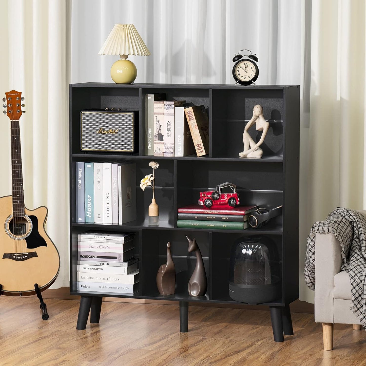 YAHARBO 8 Cube Bookshelf,3 Tier Bookcase with Legs,Black Mid-Century Modern Bookshelves,Large Free Standing Open Storage Organizer Shelf,Tall Wooden Book Case Furniture for Bedroom,Living Room,Office