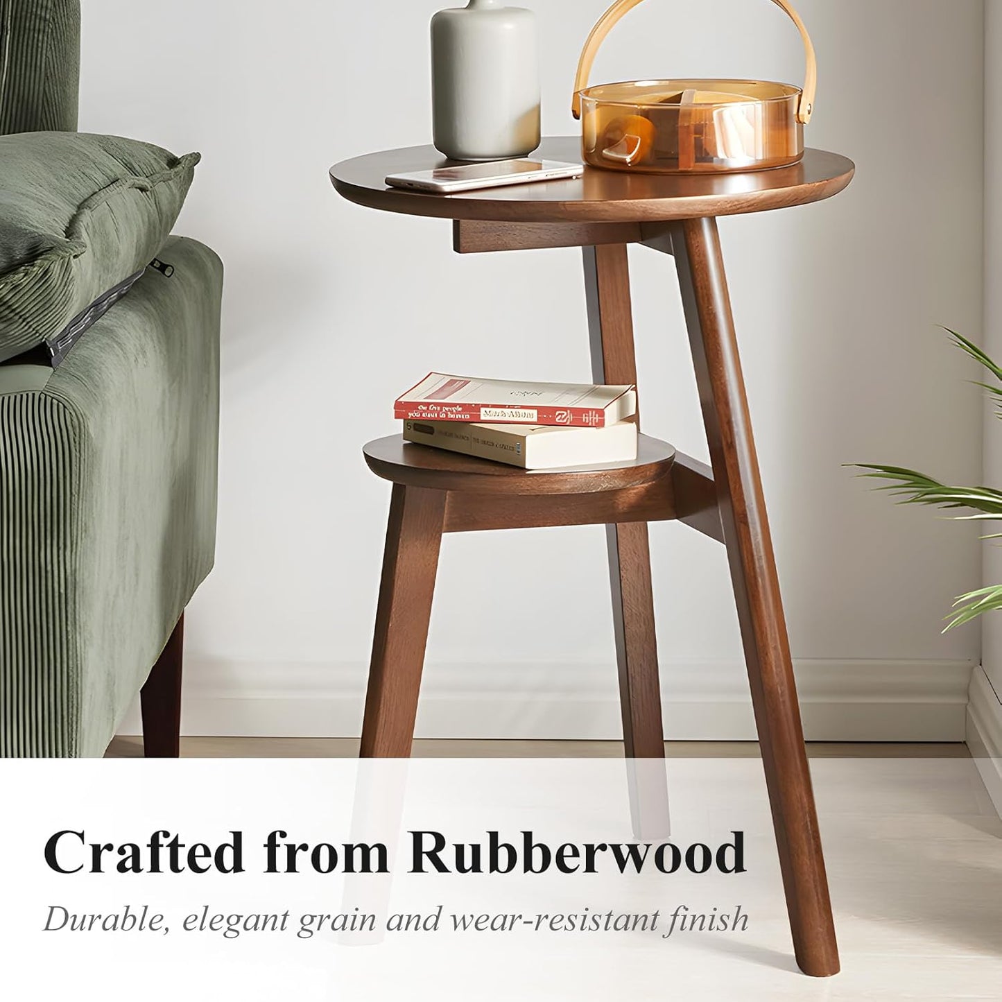 Side Table, 2-Tier Round End Tables Living Room, Mid Century Modern Side Table, Round Nightstand, Oak Accent Table, Small Round Coffee Table, 16.54" Dia.x 23.62" H(Walnut)