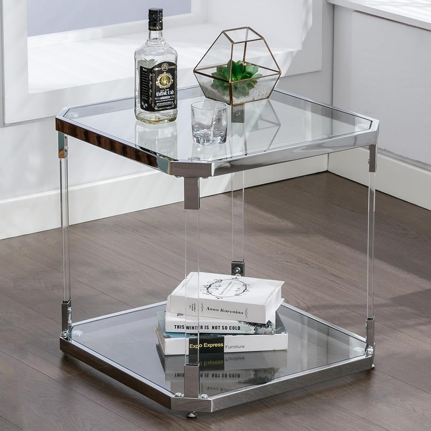 Glass Top Side Table - Silver Square Glass Top End Table Clear Acrylic Nightstand for Living Room Bedside Bedroom