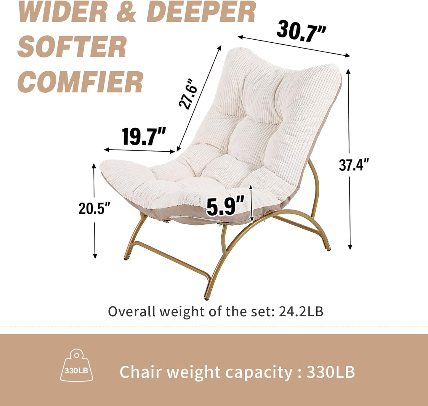 Welnow Accent Lounge Lazy Chair, Comfy Soft Leisure Metal Frame Reading Chair, Upholstered Thick Cushion Seated Recliner Sofa for Living Room, Bedroom, Dorm, Beige