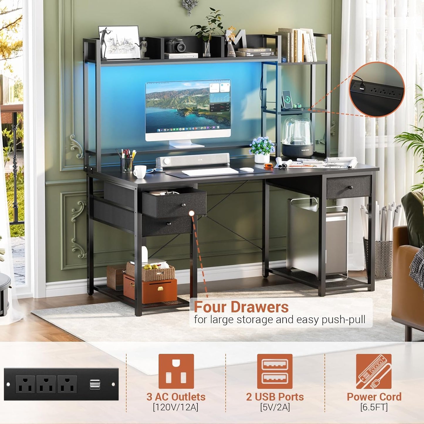 Aheaplus LED Gaming Desk with Hutch, 47.2'' Computer Workstation, Black