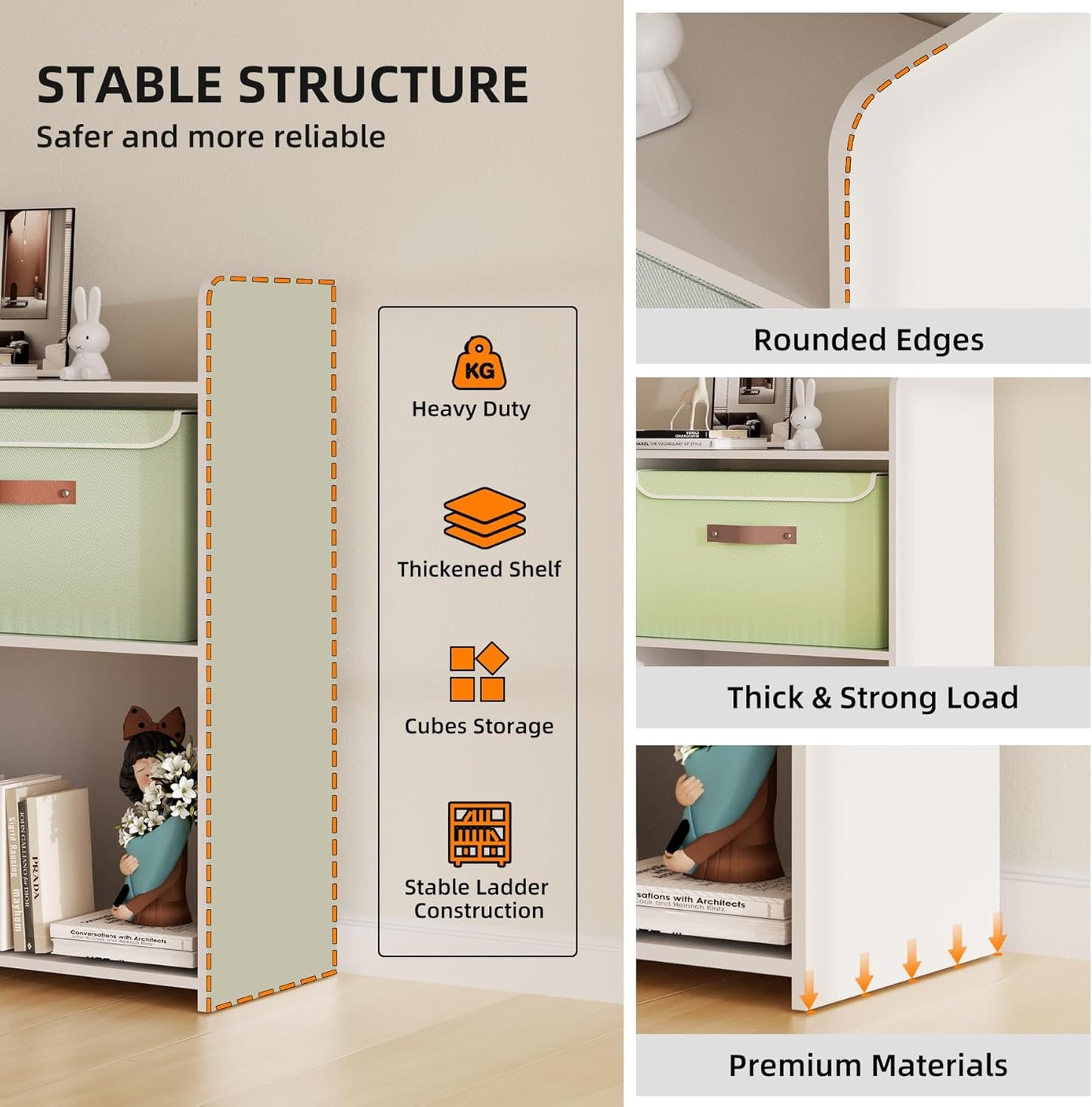 4 Cube Storage Organizer, 32inch Wooden Extendable Book Shelf DIY Bookcase with 2 pcs Storage Cabinet and Side Pockets, Open Storage Cabinet for Living Room, Bedroom, Home, Office